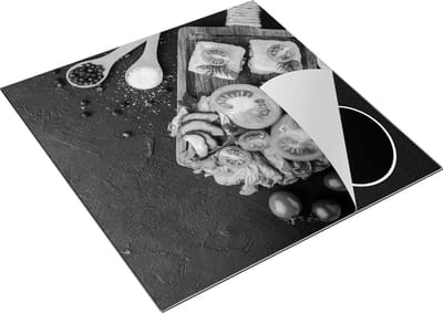 Chefcare Inductie Beschermer Groentes op een Snijplank - Zwart Wit - 78x78 cm - Afdekplaat Inductie - Kookplaat Beschermer - Inductie Mat