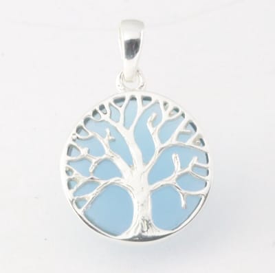 Fijne ronde zilveren hanger met levensboom op blauwe agaat