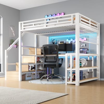 DESMIU Hoogslaper 140x200 cm – Hoogslaper Met Bureau, Opbergplank En Hangrek – Voor Kinder- En Jeugdkamer – Metaal En MDF – Wit – Zonder Matras