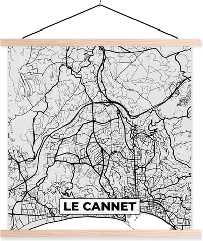 Posterhanger incl. Poster 40x40 cm - Schoolplaat - Frankrijk – Plattegrond – Kaart – Le Cannet – Stadskaart - Textielposter - Blanke latten - Stadskaart