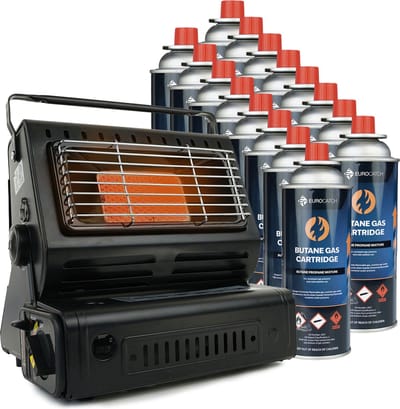Eurocatch Gaskachel & Kooktoestel in 1 - Incl. 16 Butaan Gasbussen - Heater - Kachel - Terrasverwarmer - Camping gaskachel - Gas Heater - Verstelbaar - Draagbaar