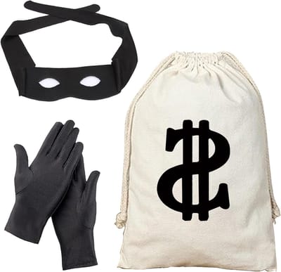 Drie-delige kostuumset voor volwassenen met oogmasker, handschoenen en geldzak voor Halloween, carnaval en cosplay, ideaal voor bankovervallers, piraten en dieven.