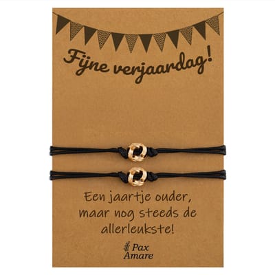 Vriendschapsarmbandjes voor 2 "Fijne Verjaardag" - Knoopjes - BFF Armbandjes met Persoonlijk Cadeau Kaartje - Goudkleurig - Elastisch Verstelbaar - Pax Amare