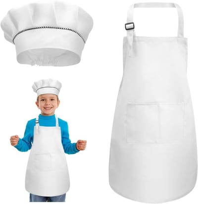 Verstelbare Kinderschort met Chef Hoed en 2 Zakjes voor Koken, Schilderen en Knutselen (7-13 Jaar), Wit