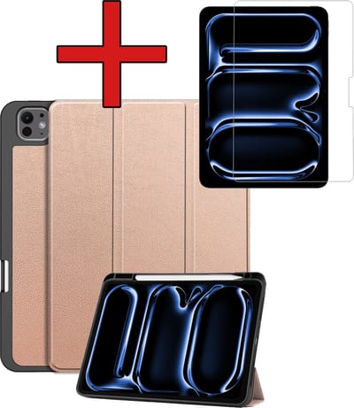 Hoesje - Geschikt voor Apple iPad Pro (2024/2025) - 11 inch - Met Screenprotector - Trifold Bookcase Hoes - Hard Cover Case - Met Uitsparing Geschikt voor Apple Pencil - Hardcover Book - Tablethoes - Rosé goud