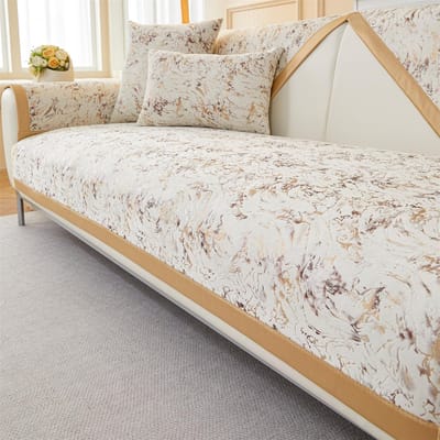 Housse de canapé antidérapante en velours imprimé avec lignes de marbre pour canapé de salon, lavable, amovible, toutes saisons 70*70cm beige