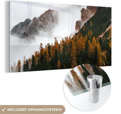 MuchoWow® Glasschilderij 40x20 cm - Schilderij acrylglas - Dennenboom - Herfst - Berg - landschap - Foto op glas - Schilderijen