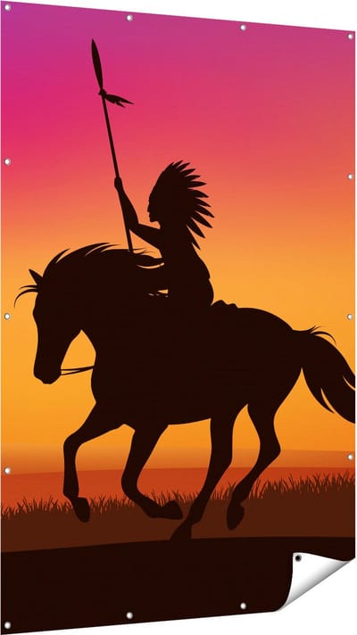 Gards Tuinposter Silhouet van een Indiaan op een Paard - 120x180 cm - Tuindoek - Tuindecoratie - Wanddecoratie buiten - Tuinschilderij