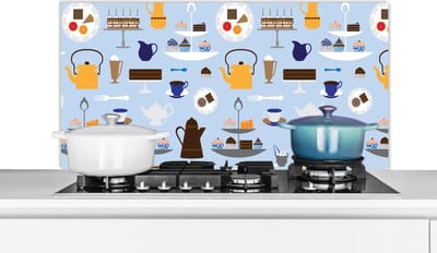 Spatscherm keuken 100x50 cm - Kookplaat achterwand Patronen - Cupcake - Theepot - Thee - Muurbeschermer - Spatwand fornuis - Hoogwaardig aluminium