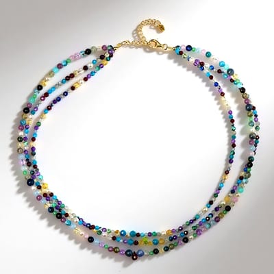 Cavill - Meerstrengige Halsketting - 925 Sterling Zilver Verguld - Neonblauwe Apatiet 115ct - Zambia Amethist & Mozambique Granaat