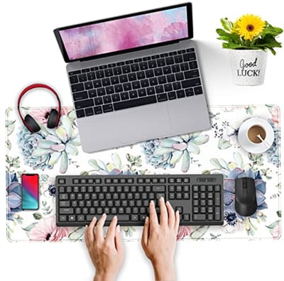 Aquarel vetplanten bureaumat, planten succulente rozen bureaubeschermer grote gamingmuismat, stabiele rubberen basis muismat met gestikte randen, toetsenbordmuismat voor werk, spel, kantoor, thuis