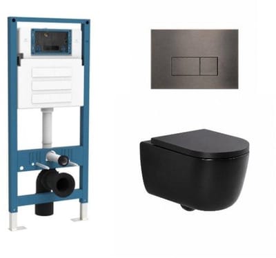 QeramiQ Dely Swirl Toiletset - inbouwreservoir Qeramiq Flush - 35mm zitting - metaal gunmetal bedieningsplaat - rechthoekige knoppen - mat zwart