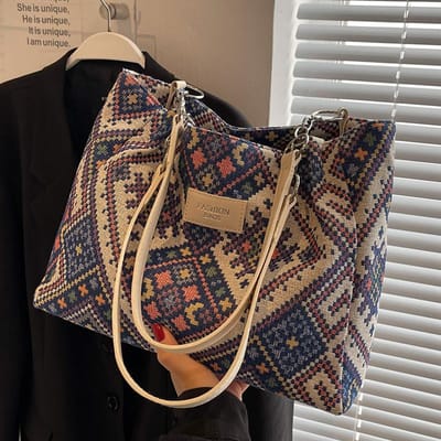 Etnische Stijl Hoge Capaciteit Commuter Canvas Tas voor Vrouwen Ins Class Veelzijdige Eén schouder Draagtas brown