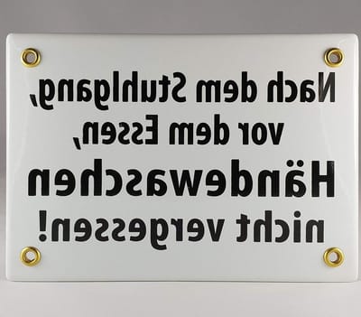 Emaille Bord - Handwerk Decoratie - Hygiëne Herinnering - Heet Gebrand - 17x12cm - Wit
