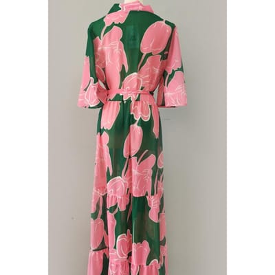 Lente en Zomer Mode Bedrukte Lantaarnmouwen Strik Ceintuur Split Revers Jurk Midi Rok One Size pink