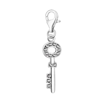 Quiges – Charm – Hanger - 3D Zirkonia Sleutel - Verzilverd - karabijnslot - geschikt - voor - Bedelarmband - QHC217