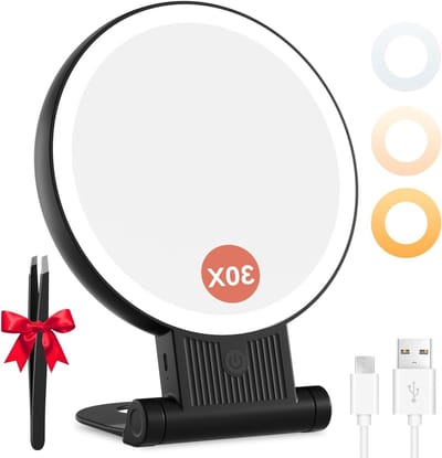 Cosmetische Spiegel met LED Verlichting, 30X/1X Make-up Spiegel, Draagbare Vouwspiegel met 3 Instelbare Lichtkleuren en Oplaadbare Functie
