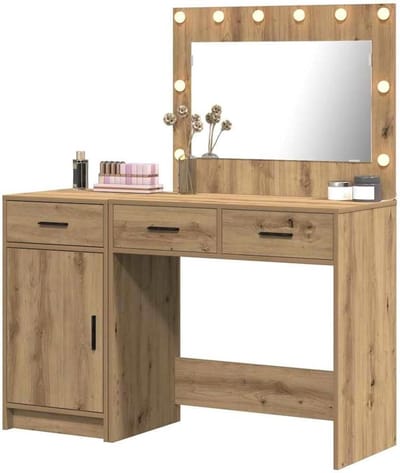 Kaptafel Met Spiegel - Make-up Tafel - Beauty Routine - Geïntegreerde LED Verlichting - 75 cm Hoog - Artisan Eiken
