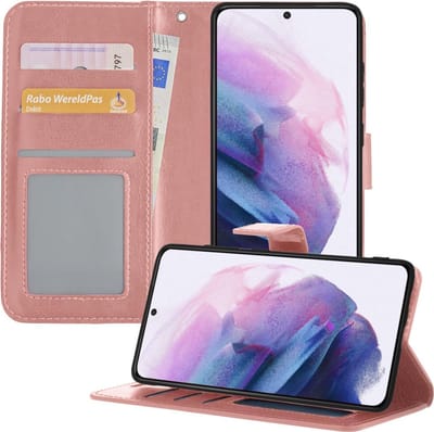 Hoesje - Met Pasjeshouder - Geschikt voor Samsung Galaxy S21 - Luxe Bookcase Portemonee - Flip Case - Kunstleer Book Case - Flipcase - Book Cover - Walletcase - Portemonneehoes - Telefoonhoesjes - Rosé goud