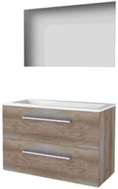 Basic-Line Ultimate 46 Badkamermeubelset - 100 x 46 cm - Met Grepen - 2 Lades - Acryl Wastafel - Zonder Kraangat - Spiegel met Indirecte LED Verlichting - Scotch Oak