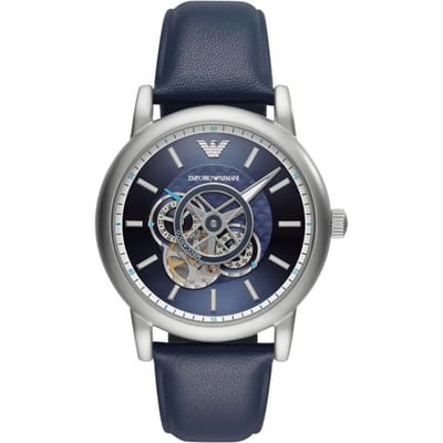 Emporio Armani Luigi Transparant Blauw Leer Heren Automatisch Skeleton AR60011 Horloge transparant