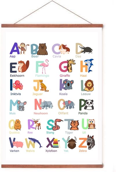 Poster in Posterhanger Dierenalfabet - Alfabet - Dieren Kinderkamer - Educatief - 70x50 cm