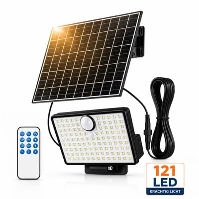 AXIMO Solar Buitenlamp met Bewegingssensor – 121 LED's - met Afstandsbediening - Los Zonnepaneel + Kabel - Tuinverlichting op Zonne-energie en/of USB – Wandlamp Buiten met 3 Standen – Dag & Nacht Sensor