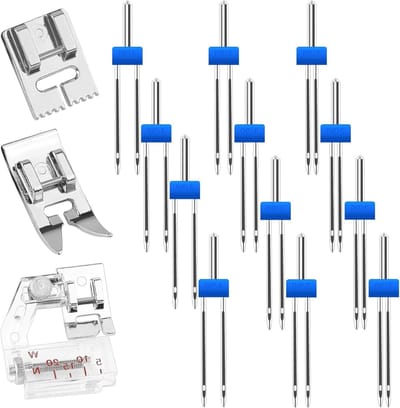 Set van 6 Dubbele Naalden met 9 Groeven, Universele Persvoet en Piping Persvoet voor Huishoudelijke Naaimachines, Ideaal voor Stretchstoffen en Quilten