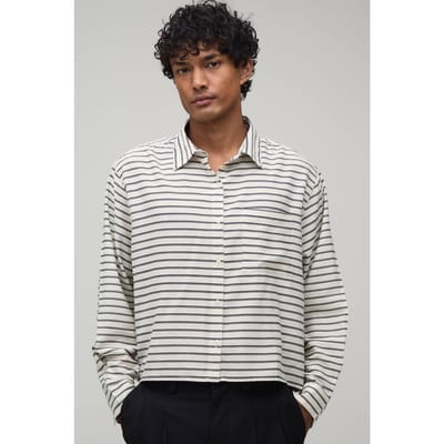 Gecropped Boxy Oversized Gestreept Shirt | Stone | Size Small