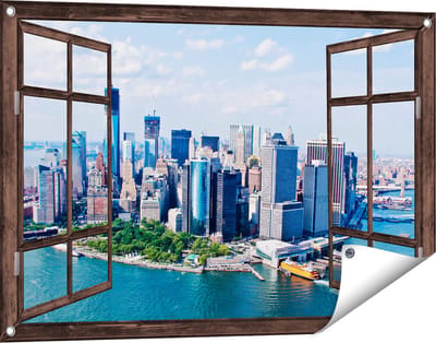 Gards Tuinposter Doorkijk New York Als een Eiland vanuit de Lucht - 90x60 cm - Tuindoek - Tuindecoratie - Wanddecoratie buiten - Tuinschilderij