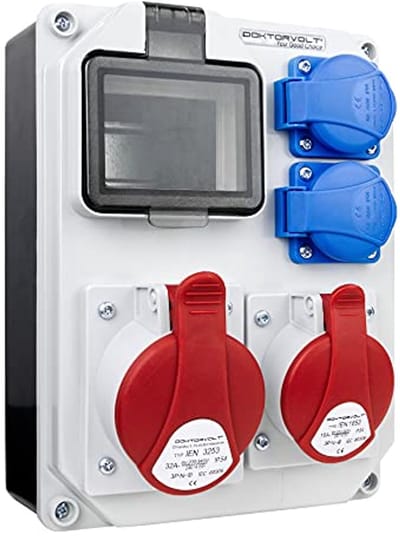 Stroomverdeler met 2 x 230V Schuko en 1 x 16A 400V, 1 x 32A 400V CEE-stopcontacten voor Bouwplaatsen