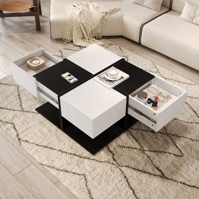 YEHTOKHOME Hoogglans Salontafel met 2 lades - Vierkante koffietafel met opbergruimte - 70x70x35,5 cm - Zwart & Wit