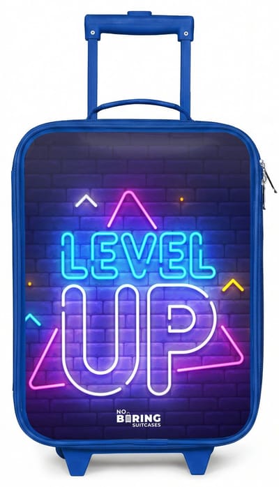 NoBoringSuitcases.com® - Kinderkoffer blauw - Kindertrolley jongen - Neonletters op een bakstenen muur - Koffer kind lichtgewicht - Reiskoffer trolley voor kinderen - Koffertje met lichtgevende wieltjes - Rolkoffer