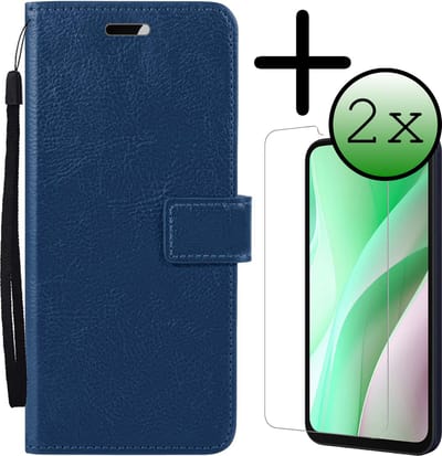 Hoesje Met 2x Screenprotector - Geschikt voor Samsung Galaxy A15 - Luxe Pasjeshouder - Bookcase Portemonee - Flip Case - Kunstleer Book Case - Flipcase Hoes - Book Cover - Walletcase - Portemonneehoes - Donkerblauw