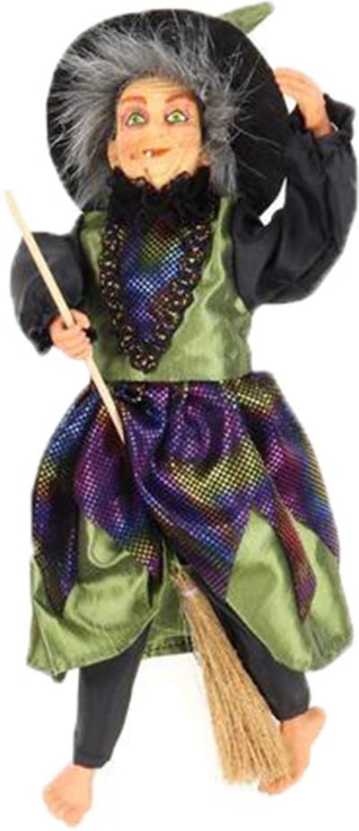 Creation decoratie heksen pop - vliegend op bezem - 30 cm - zwart/groen - Halloween versiering