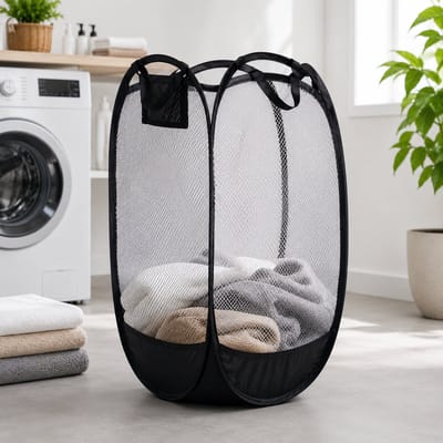 HEM Opvouwbare Waszak 64 Liter – Pop-up Wasmand – Inklapbare Laundry Bag met Handgrepen – 36x36x58 cm – Zwart – Inclusief HEM Microvezeldoekje