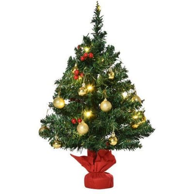 HOMCOM Petit sapin de Noël,mini sapin de Noël avec baies de houx,boules et lumières LED,décoration de table verte en PVC diamètre 40 x 60 cm vert
