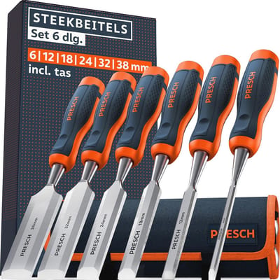 Steekbeitels Set voor Hout - 6 Dlg. - Beitelgereedschap met Hoek van 25° - Perfect voor Timmerwerk
