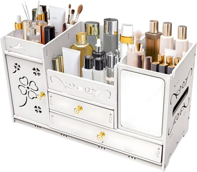 Make-up organizer – Voor cosmetica op kaptafel en badkamer – Met laden en spiegel – Wit