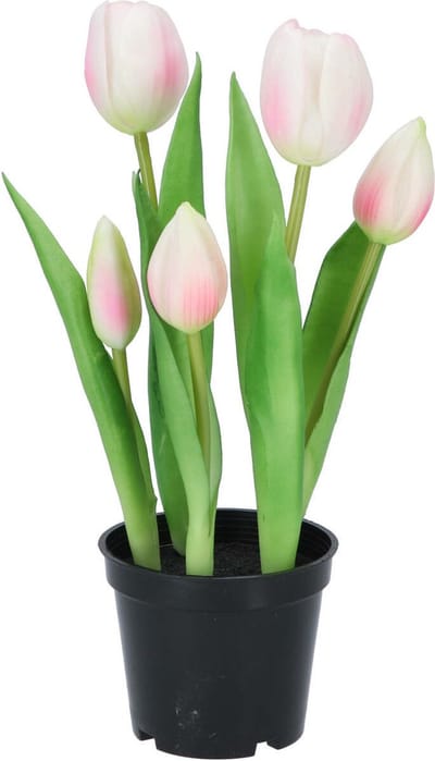 DK Design Kunst tulpen Holland in pot - 5x stuks - lichtroze - real touch - 26 cm - levensechte kunstbloemen