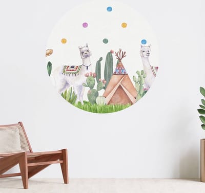 Muurcirkel zelfklevend behang - Alpaca's tussen cactussen - Wanddecoratie - 080cm behangcirkel - Ronde sticker voor aan de muur - Behangsticker verkrijgbaar in verschillende formaten