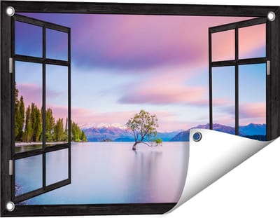 Gards Tuinposter Doorkijk Wanaka Boom in het Water bij Zonsopgang - 60x40 cm - Tuindoek - Tuindecoratie - Wanddecoratie buiten - Tuinschilderij
