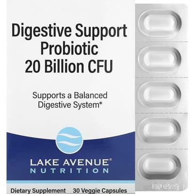 Lake Avenue Nutrition, Probiotique de soutien digestif, mélange de probiotiques et de prébiotiques, 20 milliards d'UFC, 30 capsules