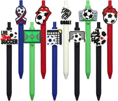 Set van 10 voetbal balpennen, drukstiften met zachte pvc-rubber decoratie, zwart inkt, perfect voor school, kantoor en feestjes
