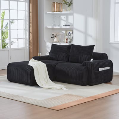 MODFU Modulaire 2-Zitsbank Met Hocker - Met Bekerhouder En Opbergvak - Modern - Ribstof - Zwart - 200 x 174 x 80 cm