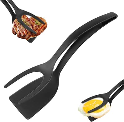 Eierflipper spatel, 2-in-1 grip en flip ei spatel tang, tang grip en flip gebakken eierdraaiers kookgereedschap, pannenkoek vis Franse toast omelet maken thuis keuken kookgereedschap (zwart)