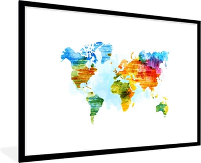 Poster in lijst - Fotolijst 120x80 cm - Posters - Wereldkaart - Waterverf - Regenboog - Kinderen - Jongens - Meisjes - Posterlijst zwart - Decoratie - Wanddecoratie woonkamer - Muurdecoratie slaapkamer