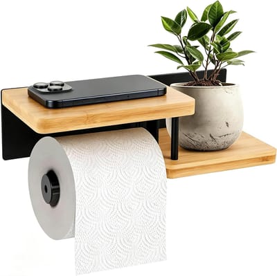Toiletpapierhouder met plank, stijlvolle wc-rolhouder zonder boren van staal en bamboe, ideaal voor badkamer en keuken, ruimtebesparend en praktisch