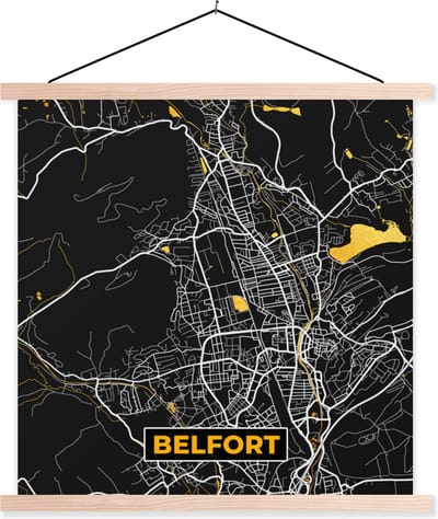 Posterhanger incl. Poster 40x40 cm - Schoolplaat - Plattegrond - Belfort - Kaart - Frankrijk - Stadskaart - Textielposter - Blanke latten - Stadskaart
