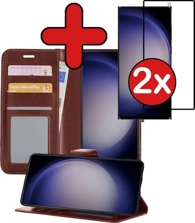 Hoesje - Met 2x Screenprotector - Geschikt voor Samsung Galaxy S23 Ultra - Luxe Pasjeshouder - Flip Case - Bookcase Portemonee - Kunstleer Book Case - Flipcase Hoes - Book Cover - Walletcase - Portemonneehoes - Telefoonhoes - Bruin